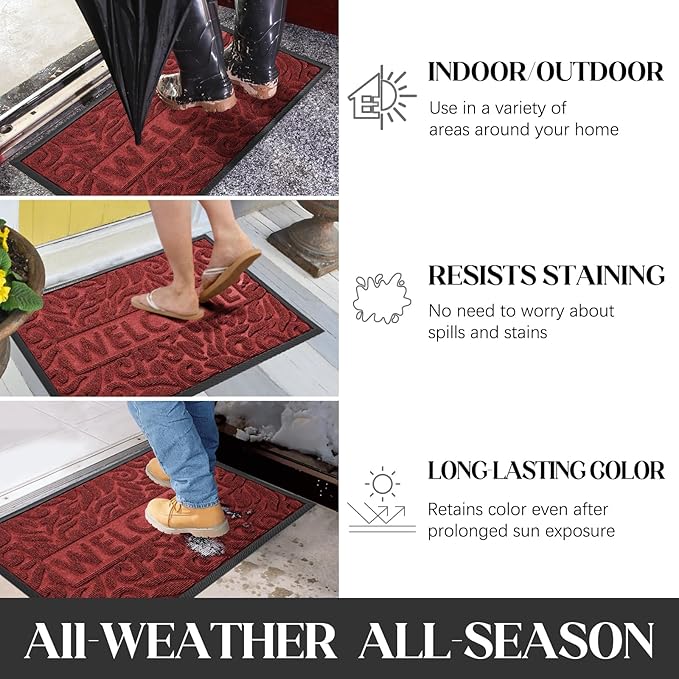 Yimobra Welcome Front Door Mat Outdoor, Heavy Duty Sturdy Non Slip Doormats, Rubber Backing, Low-Profile Entrance Rugs, Absorbent Resist Dirt, Easy Clean Patio Garage Floor Mats, 47X24 Inch, Wine Red