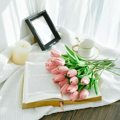 Mandy's Artificial Tulips 20 Stems Dusty Pink PU Faux Flowers for Wedding Home Decor 13.5 Inch