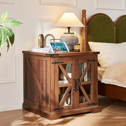 24" End Table Set of 2 with Charging Station, Farmhouse Night Stand with Glass Barn Door, Nightstands with Adjustable Storage Shelf, Large Wood Square Bed Side Table for Living Room,Bedroom
