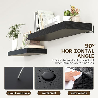Deep Floating Shelves for Wall | 36 Inch Wide x 12 Inch Deep Black Floating Shelves | 36W x 12D Rustic Wood Wide Wall Shelves | Bookshelf Laundry Shelf TV Shelf