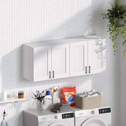 White Laundry Room Cabinets and Storage with 4 Doors and Utility Adjustable Shelf，Gabinetes Para Cocina Cupboard Kitchen Organizers and Storage Pantry Wall Mounted 12.4"D x 47.2"W x 19.7"H