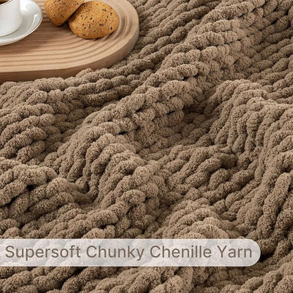 Chunky Knit Blanket Throw, 100% Hand Knit Throw Blanket Handmade Chenille Cable Knit Throw for Couch, Stylish Cozy Soft Rope Knot Crochet Blanket for Home Decor, Camel, 50x60 Inches