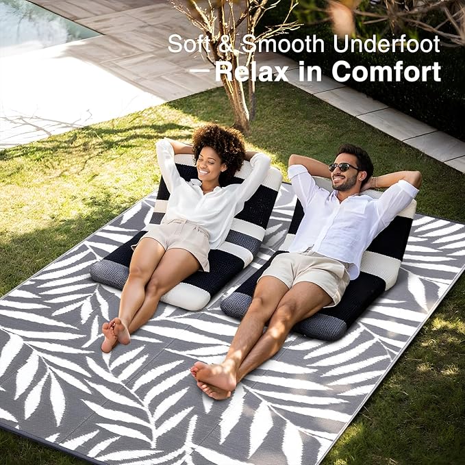 OLANLY Waterproof Outdoor Rug 8x10 ft, Reversible Outdoor Plastic Straw Rug with Leaf Pattern, RV Mat, Indoor Outdoor Carpet for Patio, Camping, Balcony, Deck, Backyard, Grey & White