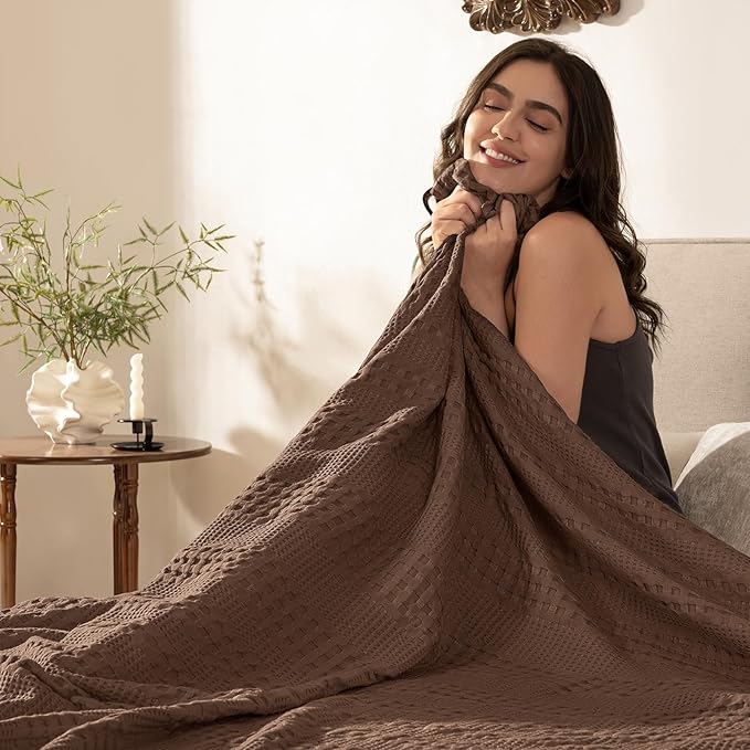 PHF Cooling Waffle Blanket King Size, Lightweight 60% Viscose from Bamboo & 40% Cotton. Breathable Blanket for Hot Sleepers, Soft and Luxury for Bed Couch and Sofa, 104"x90", Cocoa Brown
