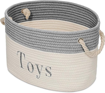 Embroidered Tote Bin - Storage Basket for Nursery - Large Storage Box - Organizing Bedroom, Closet, Classroom (White Toys Basket)
