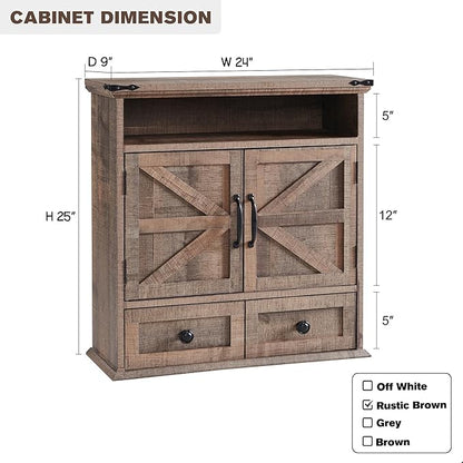 Bathroom Wall Cabinet, Farmhouse 24" Wide Medicine Cabinet with Drawer, Adjustable Shelf, Double Barn Doors, Storage Cabinets for Bathroom, Kitchen, Living Room, Rustic Brown