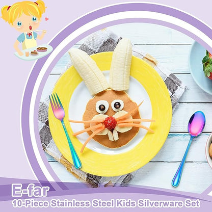 E-far 10-Piece Rainbow Toddler Utensils, Kid Stainless Steel Silverware Set, Children Safe Forks and Spoons Set for Self Feeding, Healthy & Non-Toxic, Mirror Polished & Easy to Clean