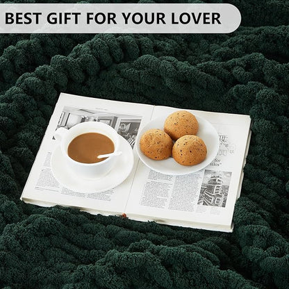 L'AGRATY Chunky Knit Blanket Throw - Soft Chunky Throw Blanket 50x60: 100% Hand Kintted Chenile Crochet Throw Blanket for Couch - Large Cable Knit Chunky Blanket for Home Decor(Olive Green)