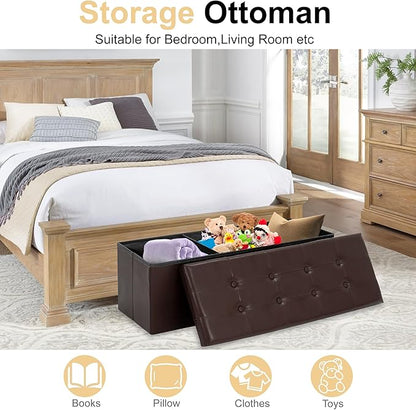 43 Inches Folding Storage Ottoman Bench, PU Leather Storage Chest, Footrest Padded Seat for Bedroom and Hallway, Holds up to 660 lbs, Brown