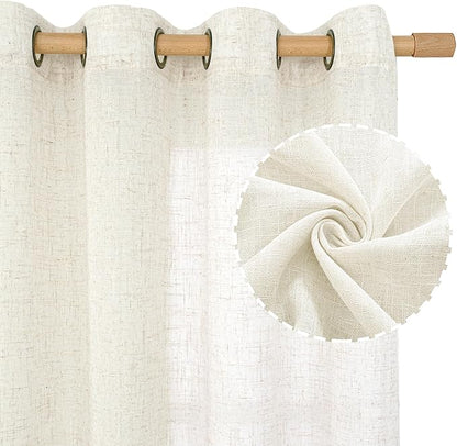 LAMIT Cream Linen Sheer Curtains 84 inch for Living Room, Linen Textured Light Filtering Drapes Bronze Grommet Boho Panels for Farmhouse/Living Room, 2 Panels, 52 x 84 Inch