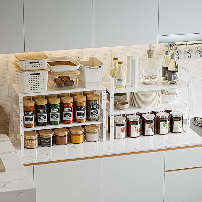 Expandable,Stackable Spice Rack,Seasoning Organizer and Storage,Spices Jar Racks for Cabinet,Countertop, Metal Pantry, Cupboard,Laundry Storages,Heavy Duty(2 PACKS/LARGE/WHITE)
