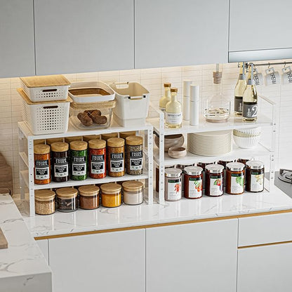 Expandable,Stackable Spice Rack,Seasoning Organizer and Storage,Spices Jar Racks for Cabinet,Countertop, Metal Pantry, Cupboard,Laundry Storages,Heavy Duty(2 PACKS/LARGE/WHITE)