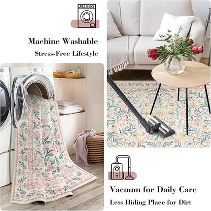 Wonnitar Floral Washable Runner Rug, 2'6"x8' Runners for Hallways Pink Rugs for Entryway Bedroom, Boho Non Slip Soft 8ft Long Carpet for Kitchen Bathroom Laundry