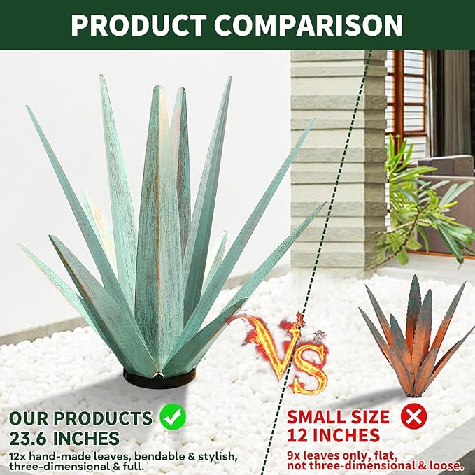 Large Tequila Rustic Sculpture, Rustic Metal Agave Plants for Outdoor Patio Yard, Home Decor Hand Painted Metal Agave Garden Yard Statue, Outdoor Lawn Ornaments (Dark Blue - L (W/Solar Light))