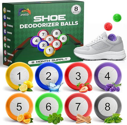 Shoe Deodorizer Balls 8-Pack – Long-Lasting Sneaker & Gym-Bag Odor Eliminator, Twist-to-Activate Billiard-Ball Freshener, Assorted Scents (Lemon, Ocean, Lavender & More) – 8-Month Supply