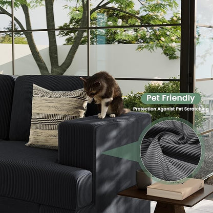 2 Pieces Corduroy Couch Set for Living Room, Black Cloud Sofa, Deep Seat Floor Couch for Bedroom, Futon Modern Sofa Sectional Bed, Black Corduroy
