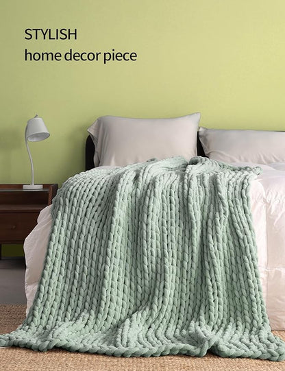 YnM Chunky Throw Blanket, Medium-Weight, Hand Knitted with Chenille Yarn, Skin Friendly, Ventilated and Breathable, Machine Washable, Home Décor Piece for Couch, Sofa and Bed (Sage Green, 40x50 Inch)