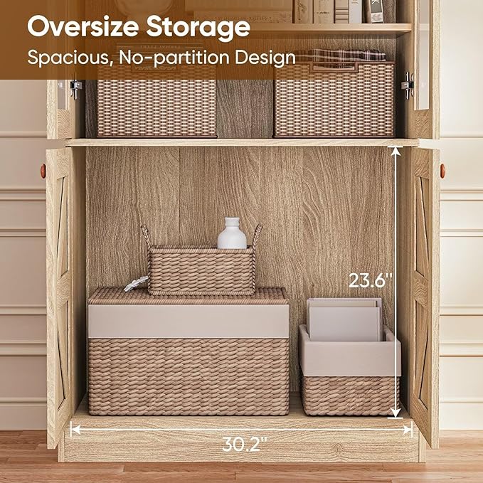 Vyre 71" Tall Farmhouse Bookshelves with Glass Doors and Drawers, Set of 2 – Large Modular Bookcase with Adjustable Shelves, Storage Cabinet for Living Room, Kitchen, Brown