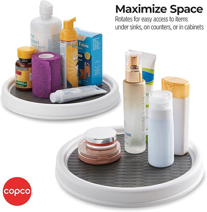Copco 9 Inch Non Skid Pantry Cabinet Lazy Susan Turntable, Set of 2, Spinning Organizer for Kitchen, Countertop, or Bathroom, White and Gray