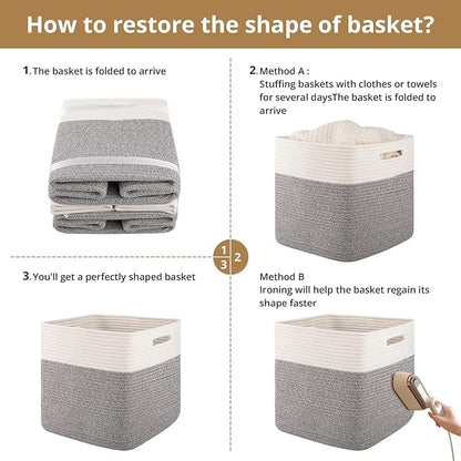 OIAHOMY 13 Kallax Inch Cube Storage Bins, 3-Pack Cotton Rope Woven Baskets for Organizing, Kallax Insert Storage Baskets for Shelves, Baby Nursery, Closet Organizer, 13*13*12.6IN, Grey & White