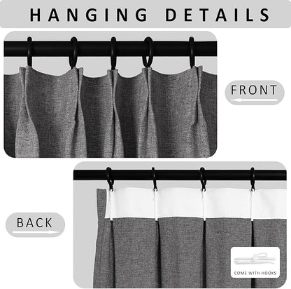 Macochico Pinch Pleated Blackout Linen Curtains 96 Inches Long 100% Light Blocking Burlap Curtains for Bedroom Living Room Thermal Window Panels with Tieback 72”Wx96”L Natural Grey 1 Panel