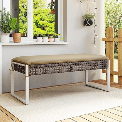 Tangkulka Outdoor Ottoman, Patio Rattan Heavy Duty Wicker Footrest with Soft Cushion & Metal Frame, Extra Seating, for Porch, Backyard, Lawn and Poolside (1)