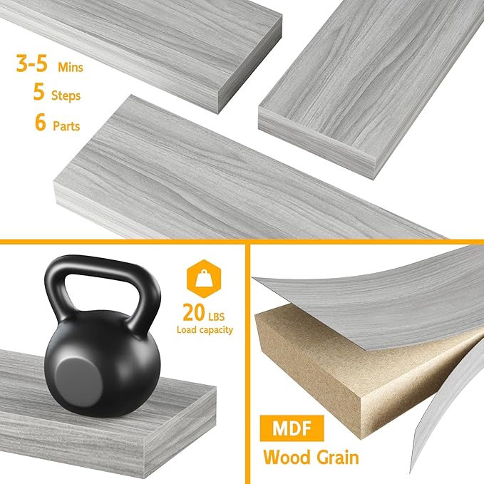 BAMEOS Floating Shelves,40 in W x 8in D Wall Mounted Wooden Shelves with Invisible Brackets Set of 3, Hanging Wall Shelves Decoration for Bedroom, Bathroom, Living Room and Kitchen
