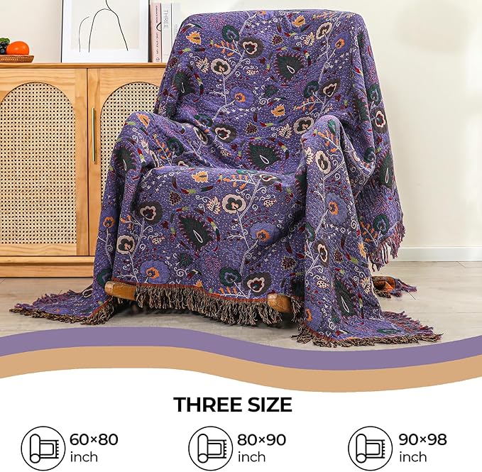 Boho Fall Throw Blanket for Bed Purple Flowers，100% Ultra Cotton Soft Breathable Bed Throw Floral Printed Farmhouse Decor Rustic Bed Throws for Couch Sofa Quilt 90" x 98"