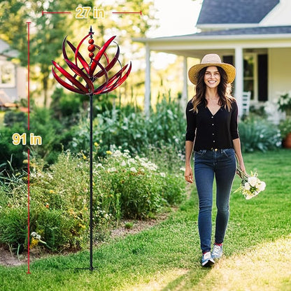 LimeHill Wind Spinner for Garden and Yard - Large Metal Kinetic Wind Sculptures for Outdoor Decor (91 Inches, Burgundy Lotus)