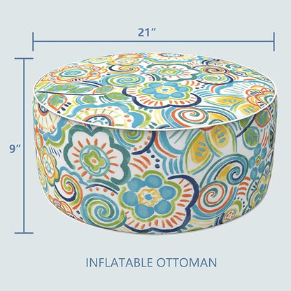 LVTXIII Outdoor/Indoor Inflatable Stool Ottoman, All Weather Patio Footrest Pouf, Portable Round Ottoman for Patio Garden, Camping or Home, D21xH9 Inches, Flower Blue