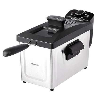 Amazon Basics 3.2-Qt (3.0L) Deep Fryer with 12-Cup Oil Capacity, Adjustable Temperature, Easy Draining Basket, Stainless Steel Exterior, Viewing Window, 1500W, Black & Silver