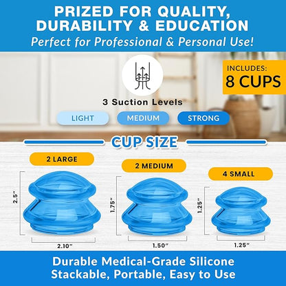 Lure Essentials Edge Silicone Cupping Set, Cupping Kit for Massage Therapy, Long Lasting Cups for Professional & Home Use, Body Sculpt Cup for Cellulite, Ultra Transparent Blue (8 Count)