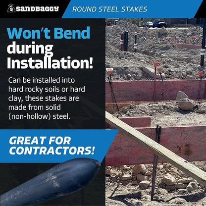 Sandbaggy Round Steel Concrete Form Stakes with Nail Holes - Rust Resistant Coating - Removable, Reusable (5, 3/4 in X 48 in)