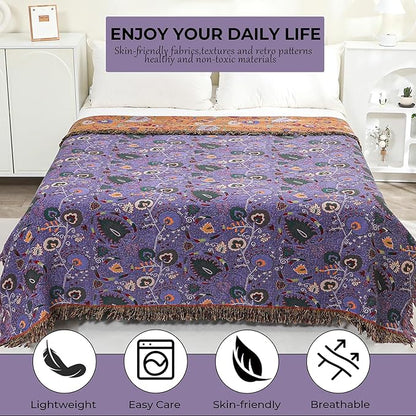 Boho Fall Throw Blanket for Bed Purple Flowers，100% Ultra Cotton Soft Breathable Bed Throw Floral Printed Farmhouse Decor Rustic Bed Throws for Couch Sofa Quilt 80" x 90"
