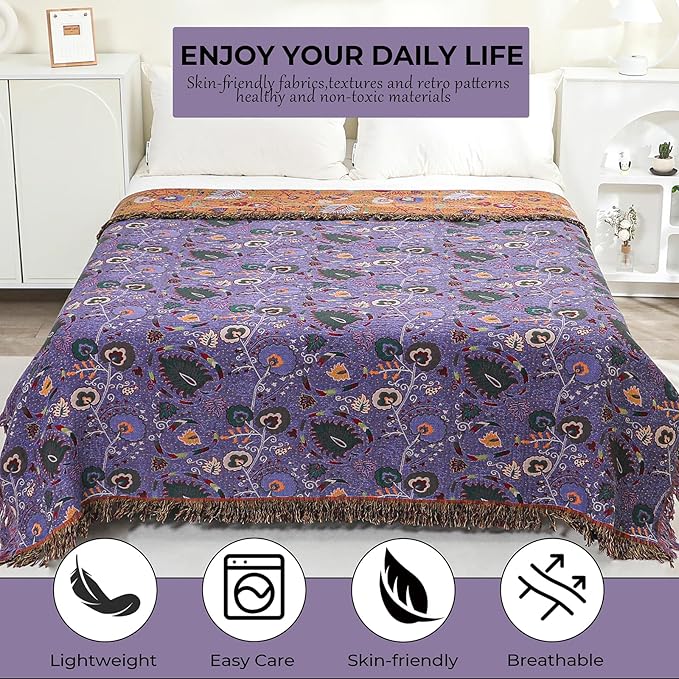 Boho Fall Throw Blanket for Bed Purple Flowers，100% Ultra Cotton Soft Breathable Bed Throw Floral Printed Farmhouse Decor Rustic Bed Throws for Couch Sofa Quilt 90" x 98"