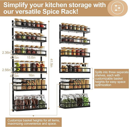 X-cosrack 6-Tier Wall-Mounted Spice Rack Organizer with Mixed Basket Sizes, Height-Adjustable Hanging Spice Shelf for Kitchen Pantry Cabinet, Large-Capacity Seasoning Holder, Black