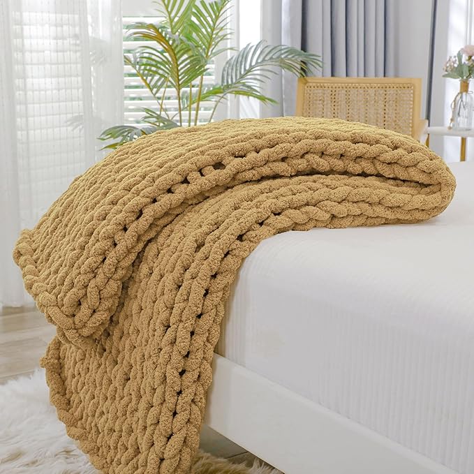 Bigacogo Chunky Knit Throw Blanket for Couch, 40x40 inches, 100% Hand Knitted with Thick Jumbo Chenille Yarn, Cozy Soft Large Rope Knot Cable Crochet Blankets for Sofa Bed Living Room, Goldenrod