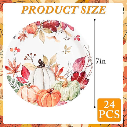 AllReal Fall Pumpkins Paper Plates Rustic Pumpkin Leaves Disposable Party Plate 7" Thanksgiving Autumn Dessert Plate for Birthday Baby Shower Party Supplies Table Decor (24)