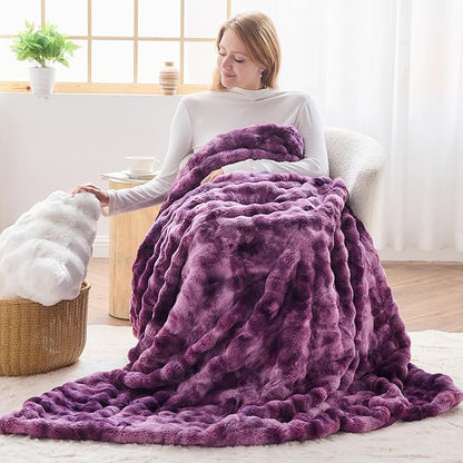 NEWCOSPLAY Faux Fur Twin Blanket Tie-dye Violet Purple Luxury Fluffy Thick Warm Bubble Blanket for Couch Sofa Bed 700GSM (Tie-dye Violet Purple, Twin(60"x80"))