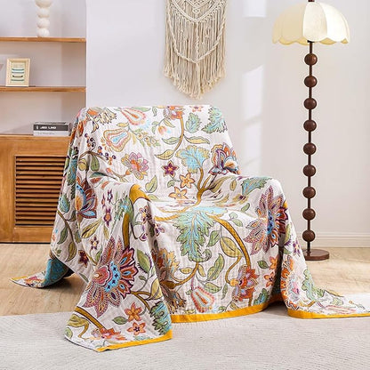 Boho Throw Blanket for Bed, 100% Cotton Soft Rustic Quilt Fall Blanket, 60"x80" Floral Printed Farmhouse Decor Bed Blankets, All Season Rustic Reversible Bohemian Throw Quilt