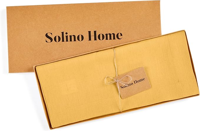 Solino Home Linen Table Runner 90 Inches Long - 100% Pure Linen Mustard Yellow Table Runner 14 x 90 Inch - Fete