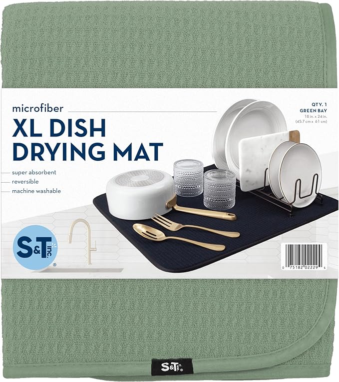 S&T INC. Dish Drying Mat XL, 18” x 24”, Absorbent Microfiber Kitchen Counter Mat, Dish Drying Pad for Dishes, Utensils, Pots and Pans, Extra Large, Sage Green