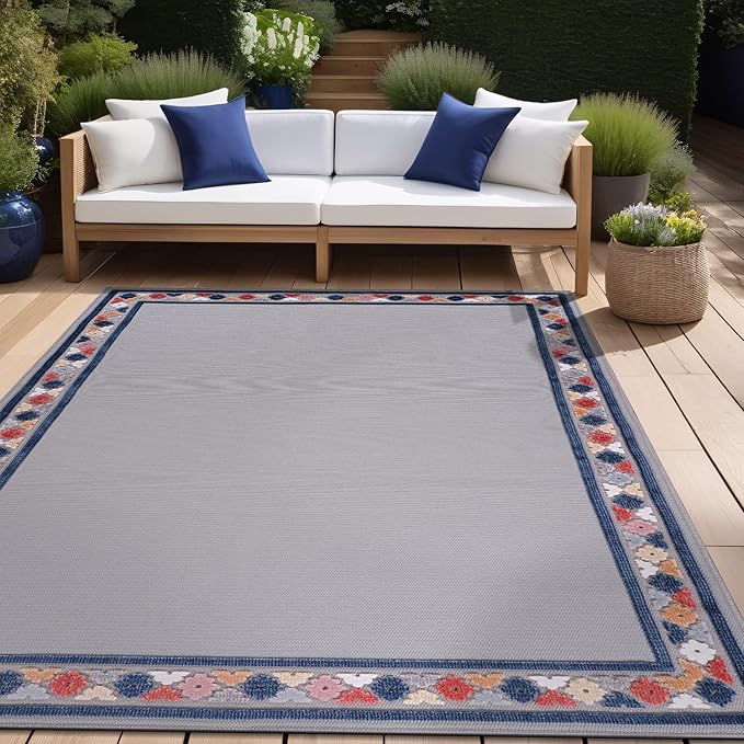 Beverly Rug Outdoor Rug 9x12 Modern Bordered Large Area Rugs for Indoor and Outdoor Patio Easy to Clean Non Shedding Living Room Porch Garden Washable Outside Carpet (9 x 12 Gray)
