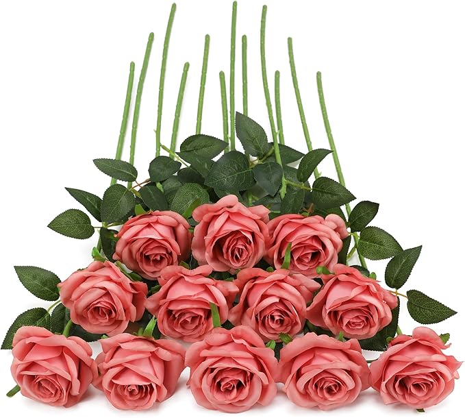 Pink Fake Roses Artificial Flowers - 10 Pcs Fake Artificial Roses Silk Flowers with Stems for Home Wedding Hotel Office Centerpiece Decor（Dusty Pink）