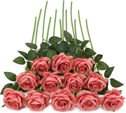 Pink Fake Roses Artificial Flowers - 10 Pcs Fake Artificial Roses Silk Flowers with Stems for Home Wedding Hotel Office Centerpiece Decor（Dusty Pink）