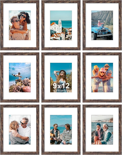 Vittanly 9x12 Picture Frames Set of 9, Shatter Resistant Plexiglass, Display 6x8 Pictures with Mat or 9x12 without Mat, Photo Frames for Wall or Tabletop, Engineered Wood, Brown