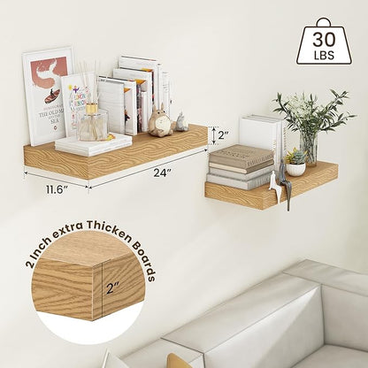 Deep Floating Shelves, 12 Inch Deep Rustic Floating Shelves Set of 2, 24 Inch Large Oak Wood Wall Mounted Shelves for Books Living Room Laundry Room Bedroom Kitchen Home Office - Oak