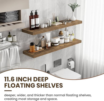 48 Inch Floating Shelves, 12 Inch Deep Floating Shelves for Wall, Floating Shelf with Invisible Brackets, Deep Wall Shelves for Bathroom, Bedroom, Living Room, 1 Pack, Brown