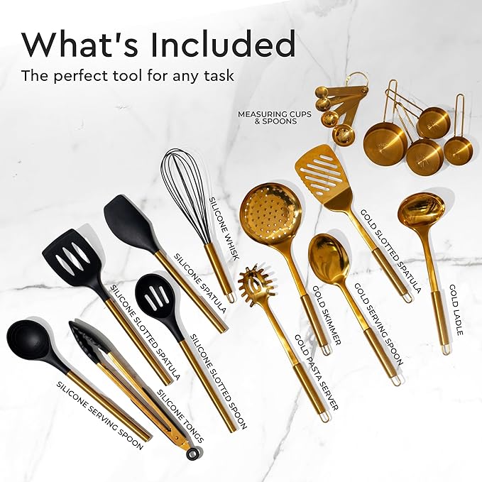 Black and Gold Kitchen Utensils Set - 19-PC Set Includes Stainless Steel and Silicone Cooking Utensils, Measuring Cups and Spoons - Black and Gold Kitchen Accessories for Stylish Cooking & Serving
