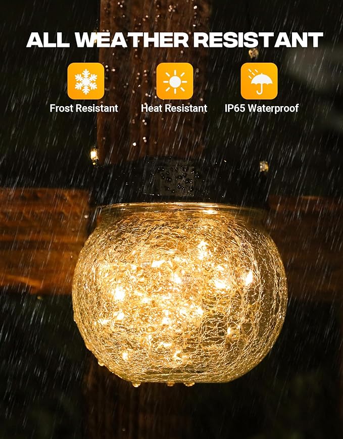 PARTPHONER Solar Lanterns Solar Lights Outdoor Waterproof 6-Pack, Solar Powered Hanging Lights Cracked Glass Hanging Globes for Christmas Decoration, Shepherd Hook, Garden Tree Ornaments
